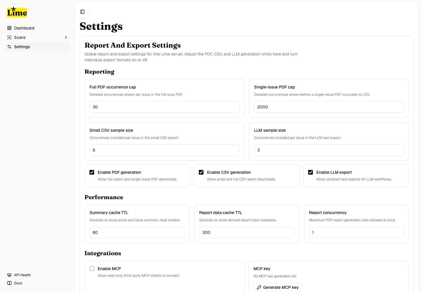 Settings page